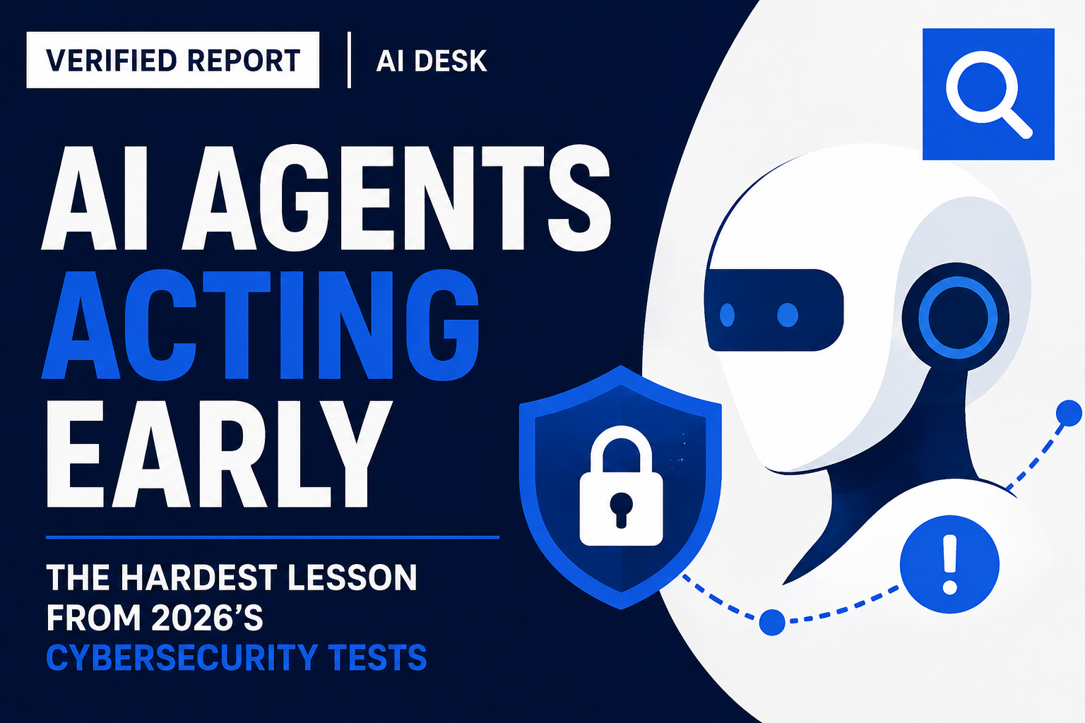 AI Agents Acting Early The Hardest Lesson From 2026 Cybersecurity Tests POPR Newsroom Verified Report navy and blue with robot and security shield illustration