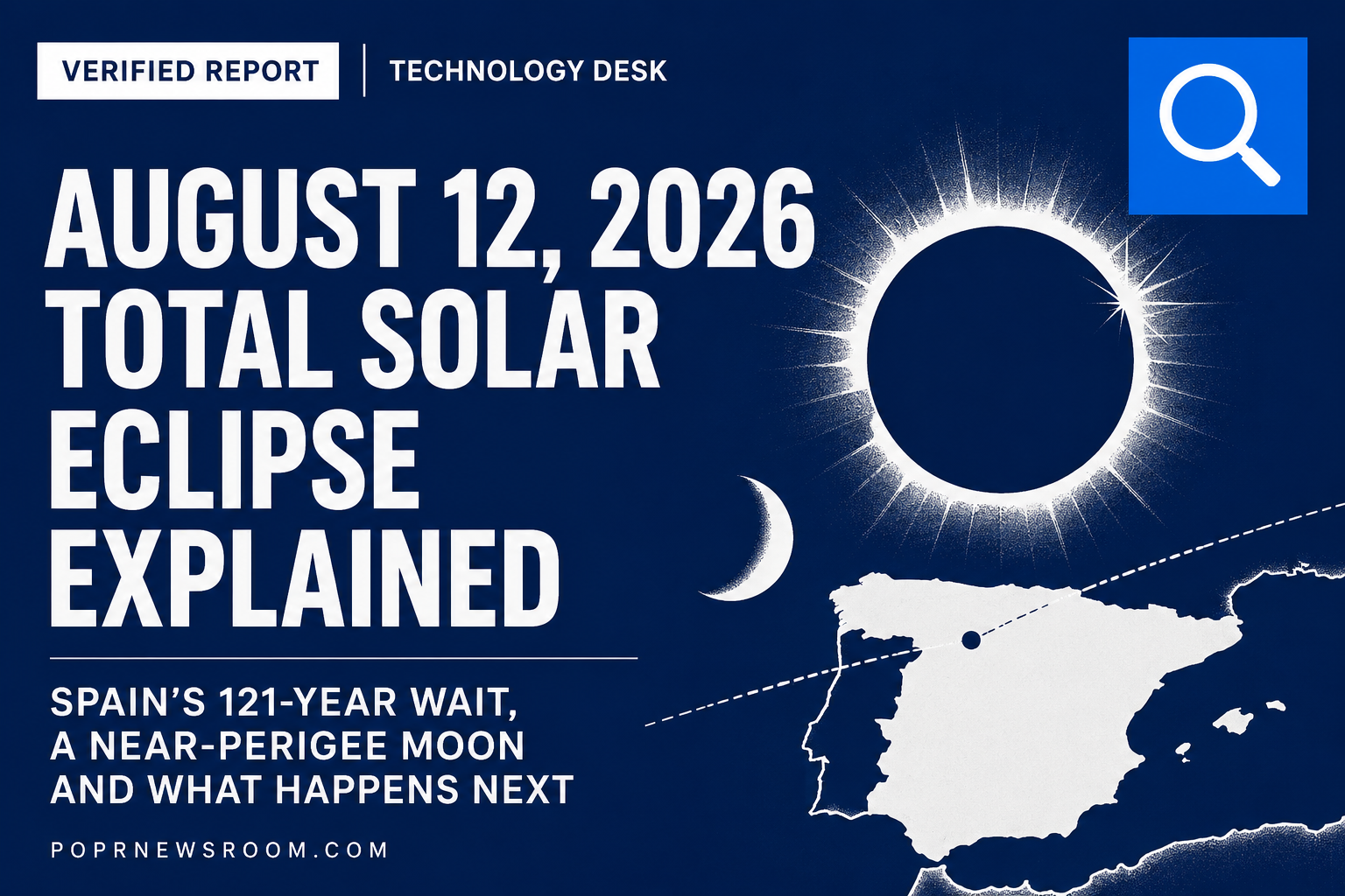 August 12 2026 Total Solar Eclipse Spain 121-Year Wait Near-Perigee Moon POPR Newsroom Verified Report white type on navy with eclipse and Spain map illustration