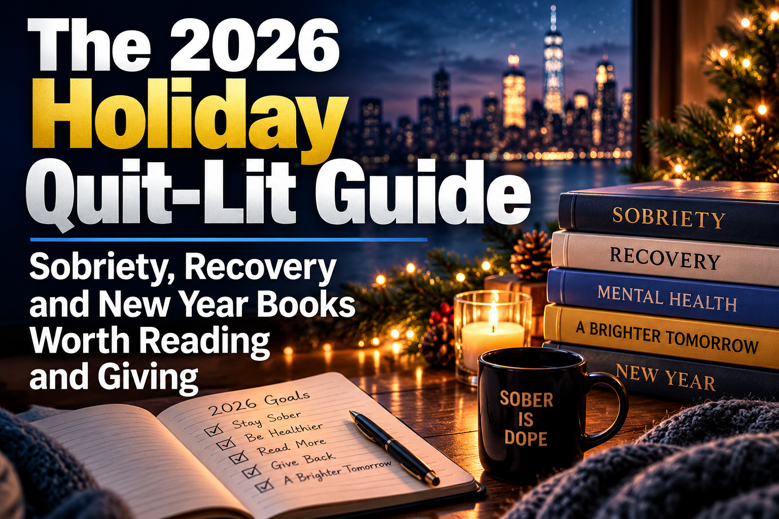 A holiday reading scene with recovery and mental health books, a Sober Is Dope mug, a notebook and New Year goals under city lights.