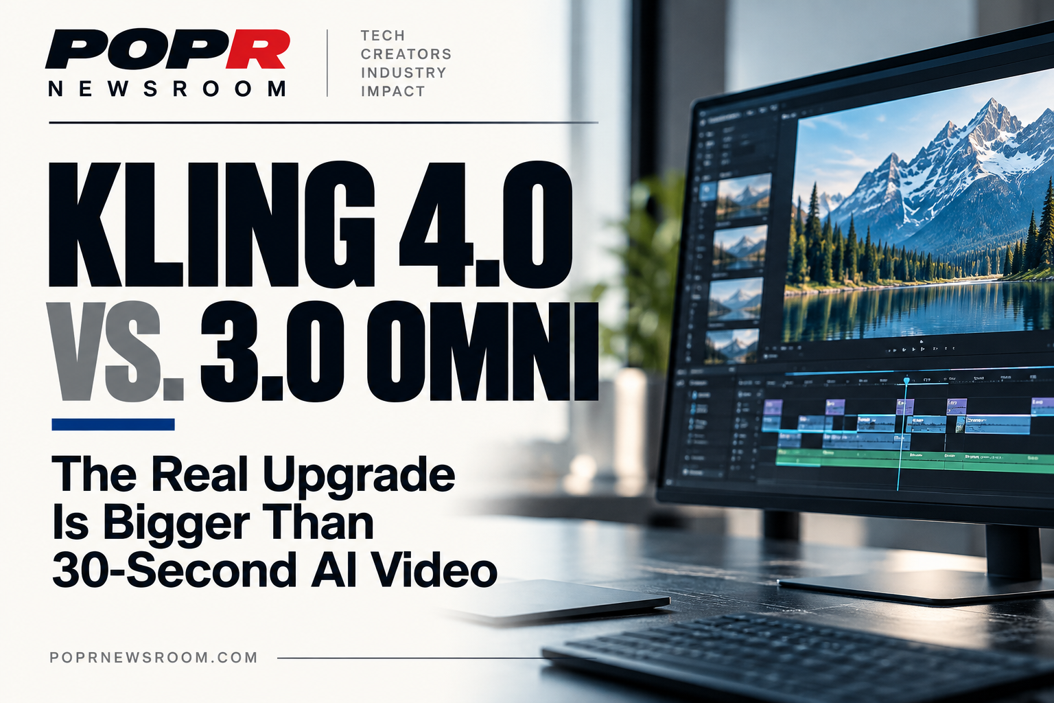POPR Newsroom hero artwork comparing Kling 4.0 and Kling 3.0 Omni beside a video-editing monitor showing a mountain scene.