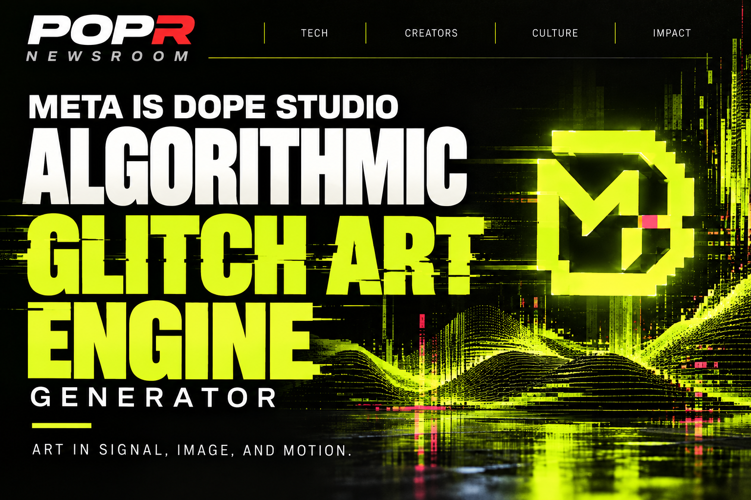 Meta Is Dope Studio's algorithmic glitch art generator, presented in a neon green and black launch graphic.