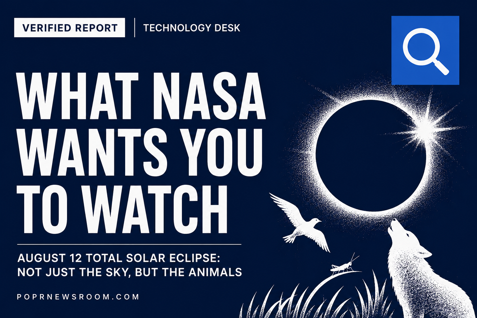 What NASA Wants You to Watch August 12 Total Solar Eclipse Animals POPR Newsroom Verified Report white type on navy background with eclipse and wildlife illustration