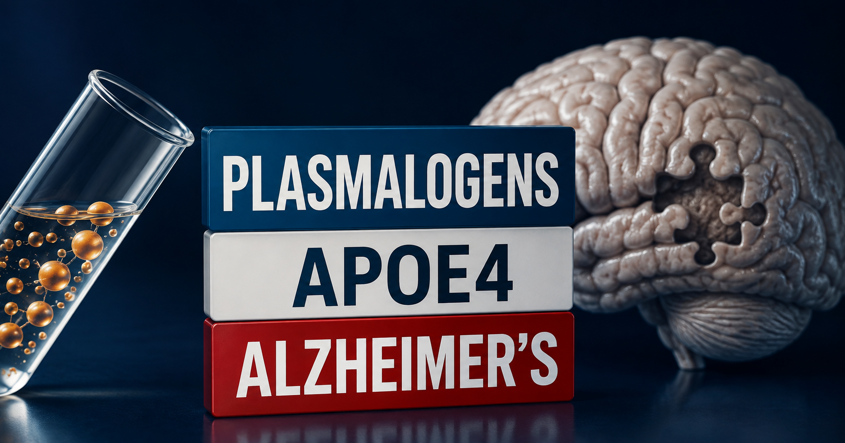 Stacked label blocks reading Plasmalogens, APOE4 and Alzheimers beside a detailed human brain model and a test tube containing lipid droplets