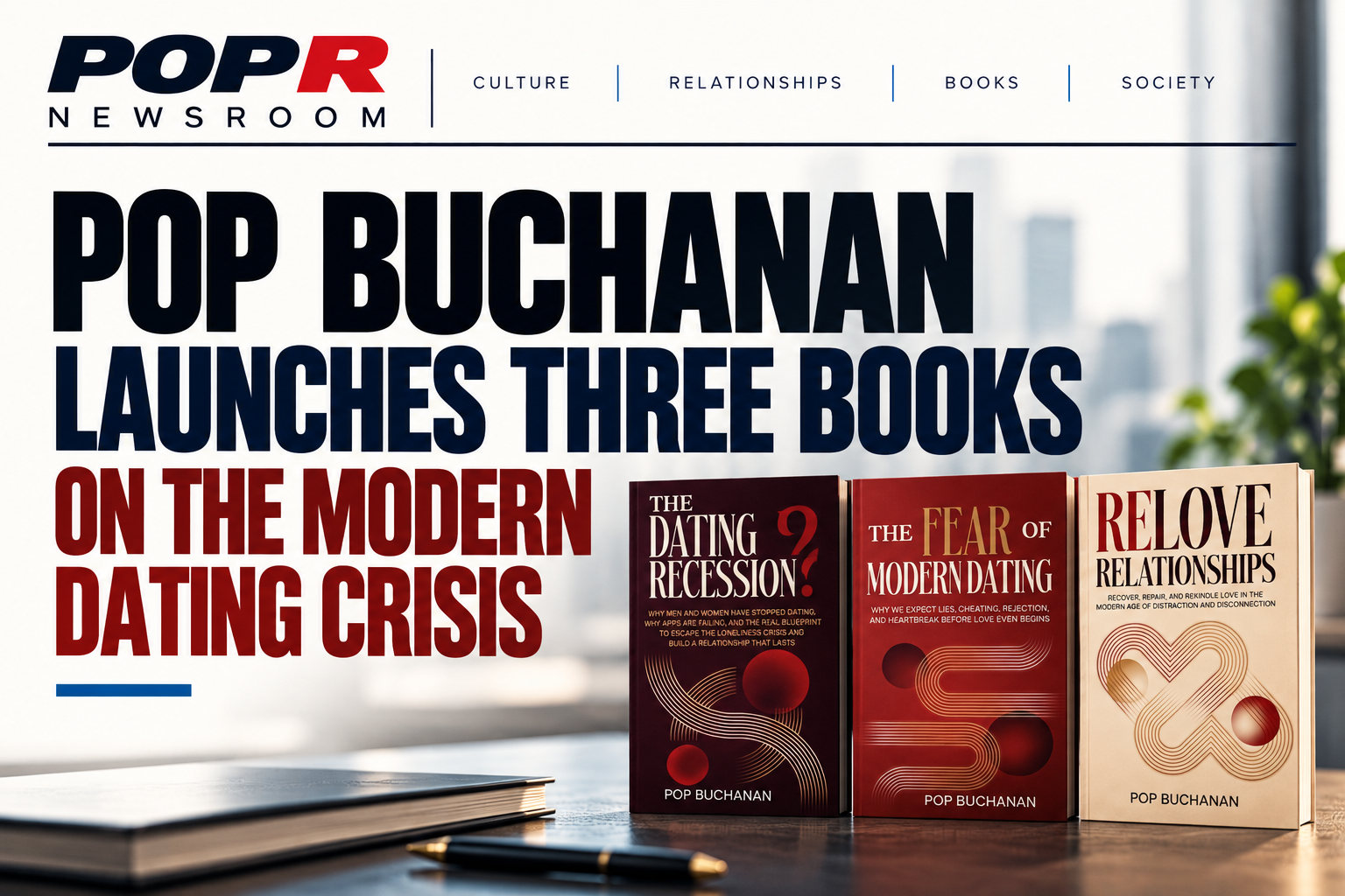 POPR Newsroom launch artwork featuring Pop Buchanan's three relationship books.