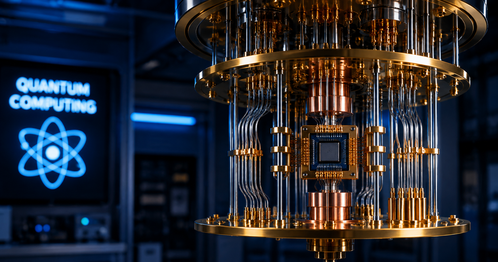 Quantum computing hardware: a suspended gold and copper cryogenic assembly with a silicon quantum chip at center, illustrating the cryogenic infrastructure that room-temperature systems aim to replace