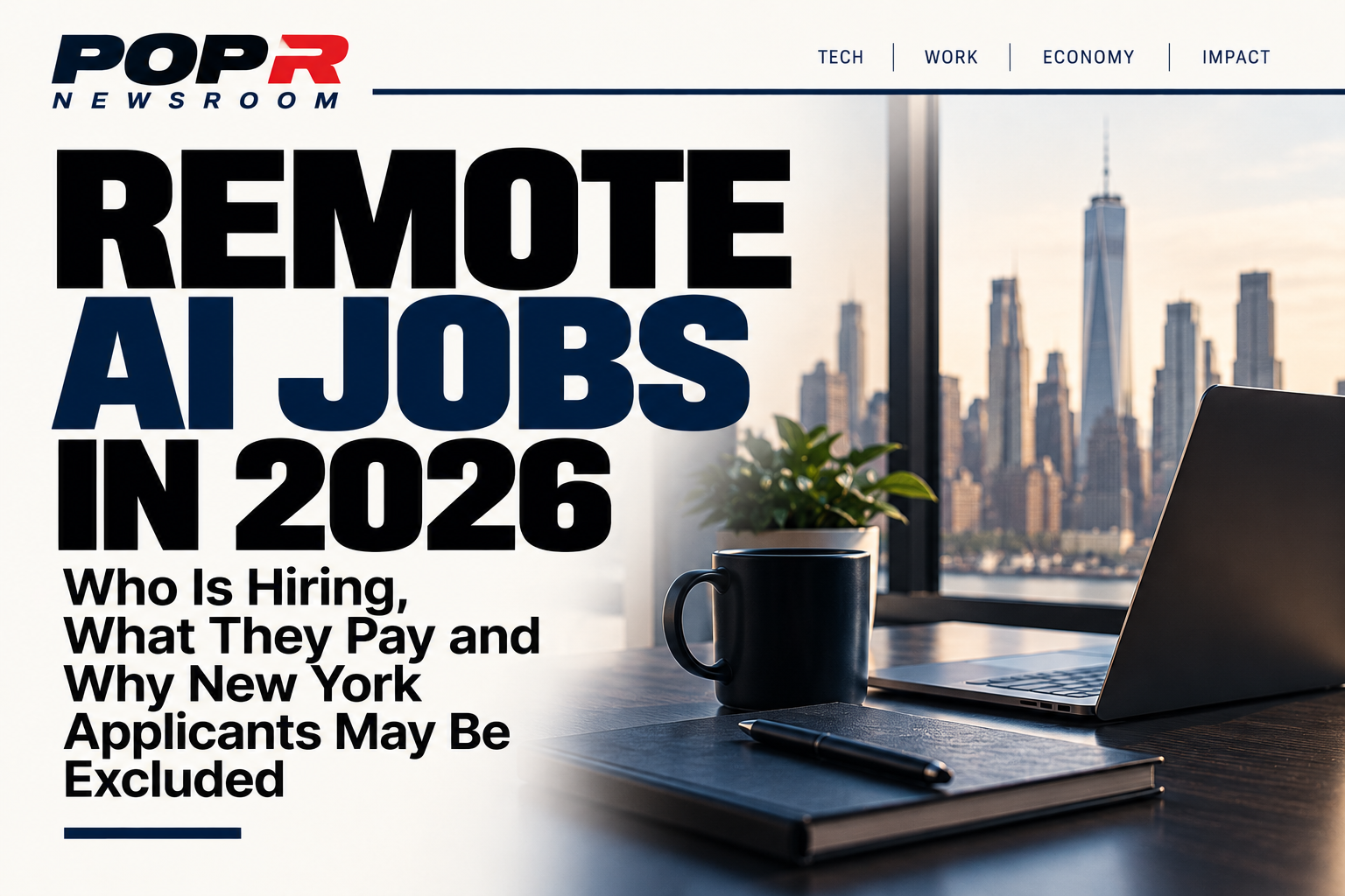 POPR Newsroom artwork about remote AI jobs in 2026, with a New York skyline, home office desk, laptop and coffee.