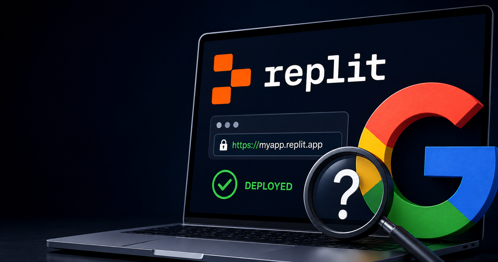 Replit laptop showing 'DEPLOYED' status next to a Google search icon with a question mark, illustrating the gap between deployment and search discovery