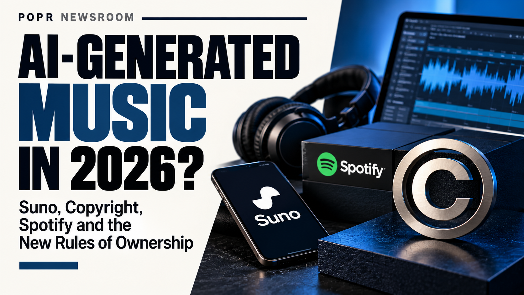 POPR Newsroom artwork about AI-generated music in 2026, showing Suno and Spotify branding, headphones, a waveform and a copyright symbol.