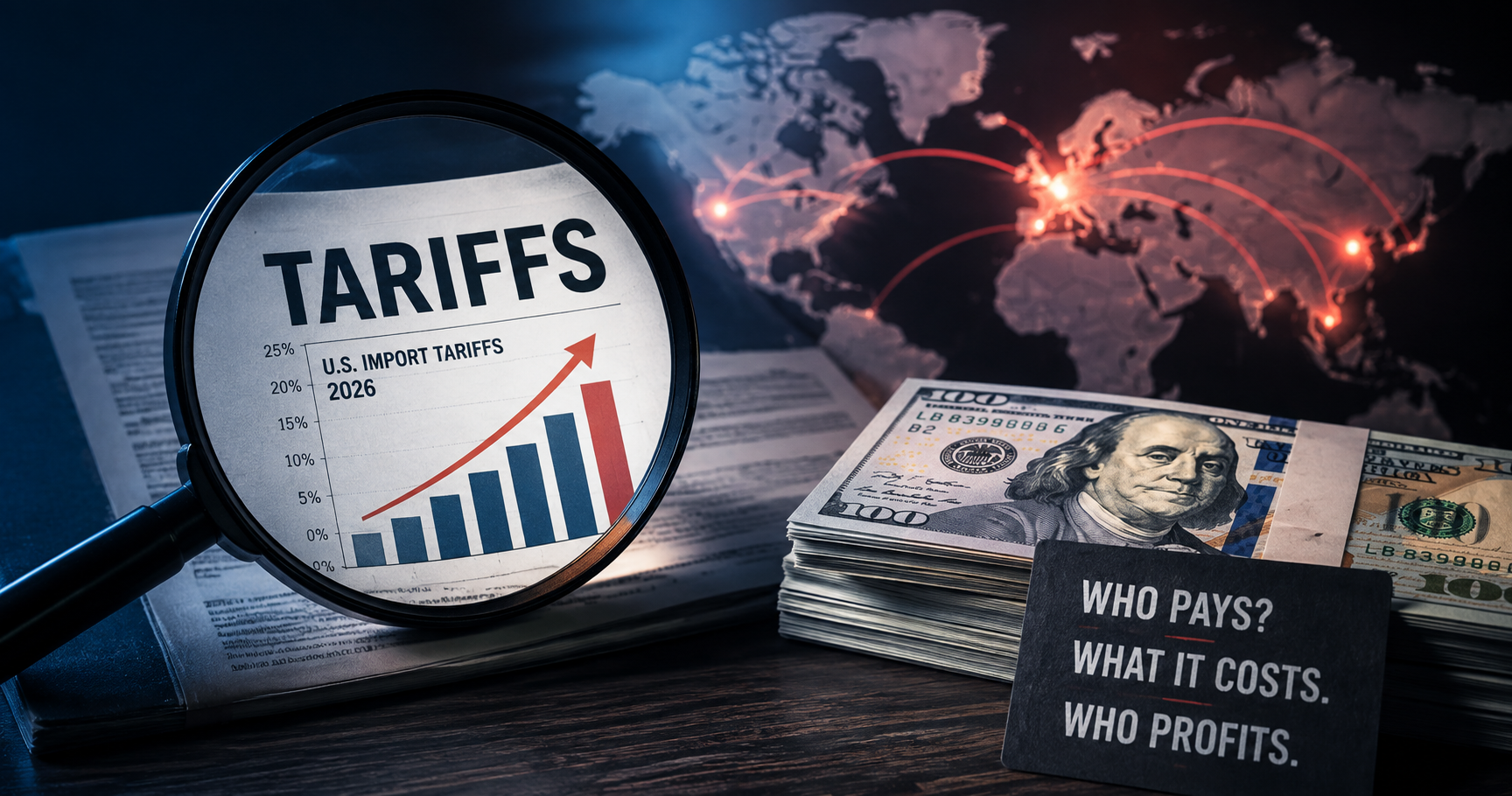 Magnifying glass over a U.S. import tariffs chart rising to 2026, with stacks of cash | POPR Newsroom