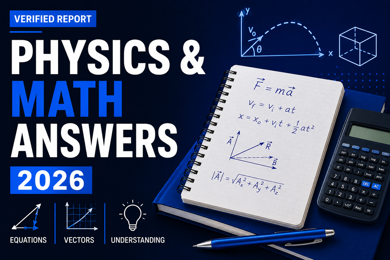 Physics and Math Answers 2026 POPR Newsroom Verified Report showing equations notebook with kinematic formulas vector diagrams and scientific calculator on navy blue background
