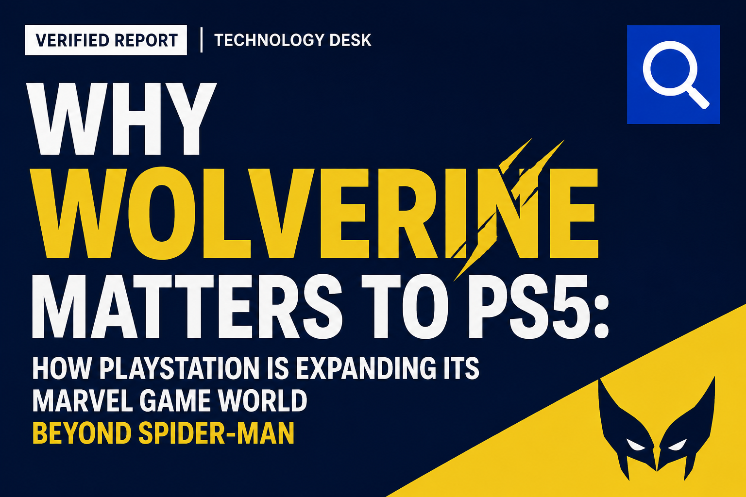 Why Marvel Wolverine Matters to PS5 How PlayStation Is Expanding Marvel Game World Beyond Spider-Man POPR Newsroom Verified Report gold and white type on navy background with Wolverine mask