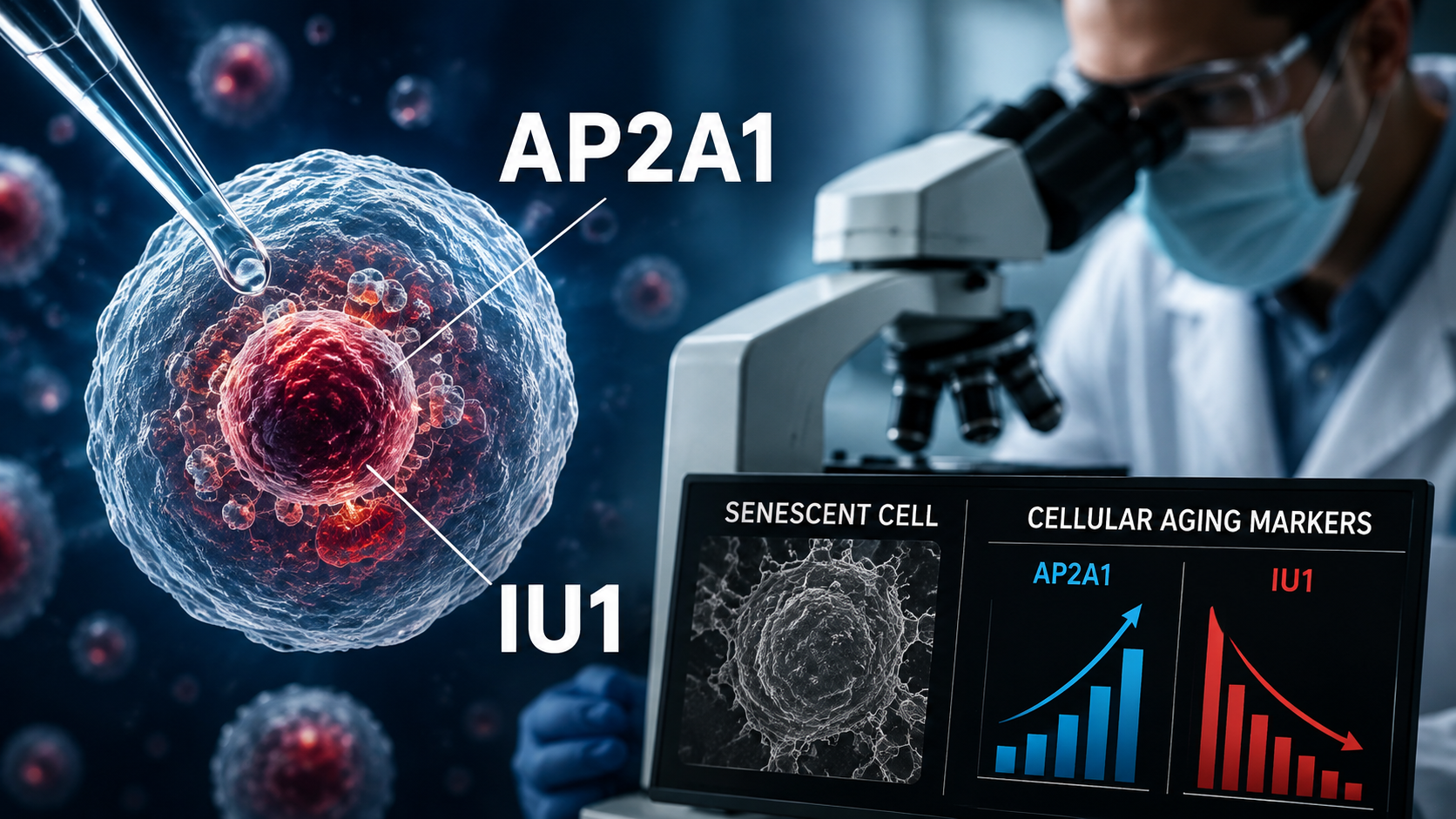 AP2A1 and IU1 labels on a diagram of a senescent cell beside a researcher at a microscope, with a cellular aging markers chart showing AP2A1 increasing and IU1 decreasing